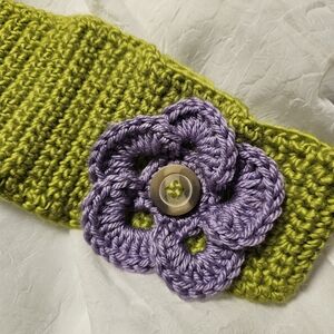 Green Knit Headband with Purple Flower